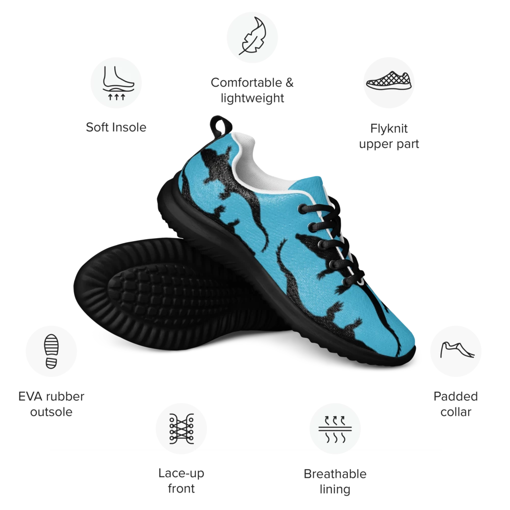 Trendline Supply men's athletic shoes in blue with black abstract design, breathable lining, and lightweight sole